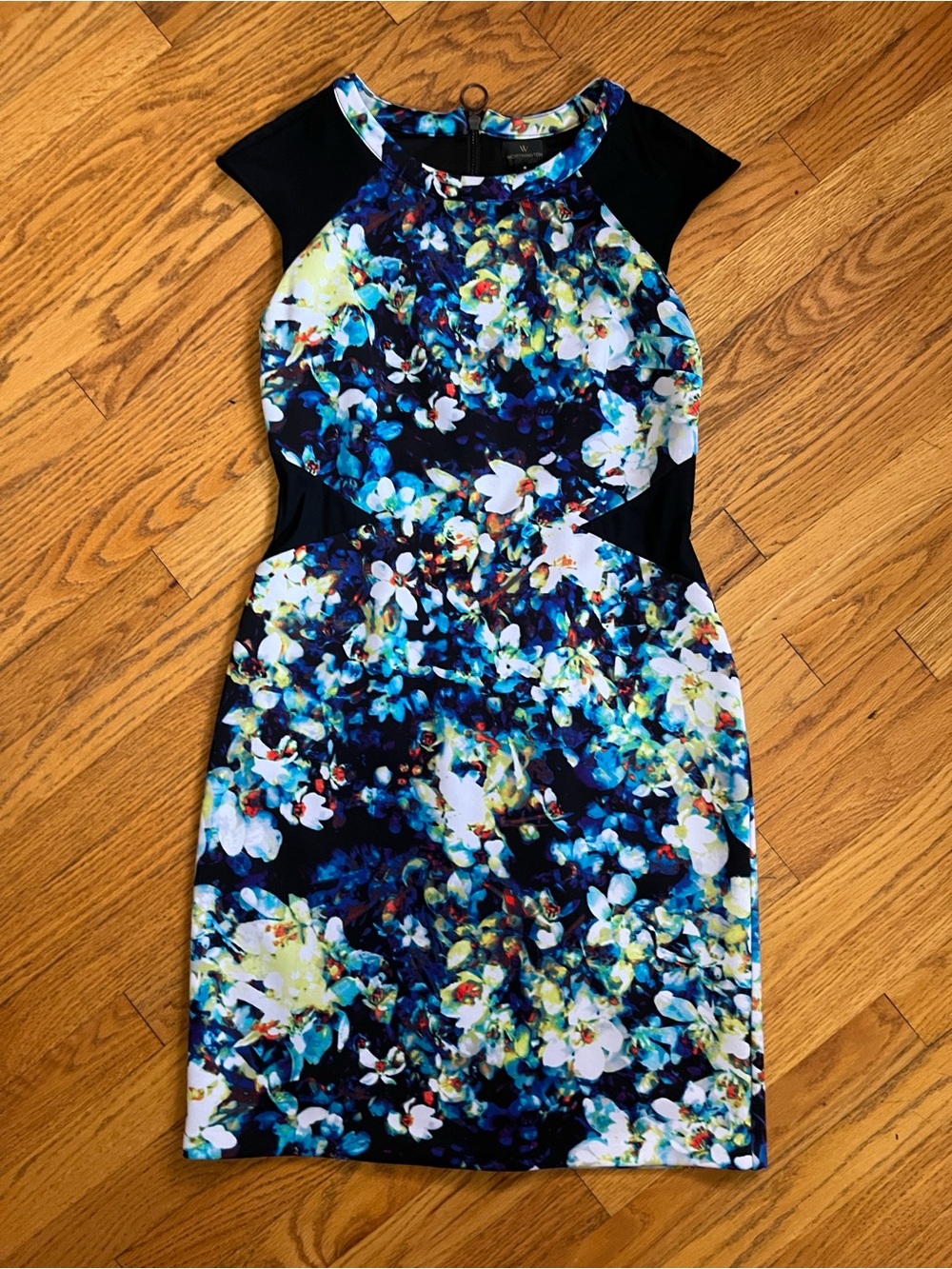 Worthington Blue Floral Scuba Sheath Dress with Black Panels Sz 6